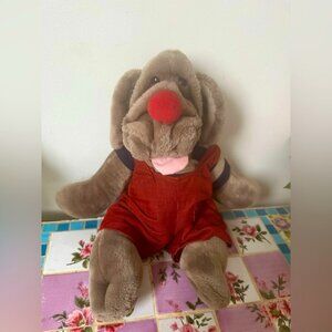WRINKLES Vintage Cuddly Brown Plh PUPPET Dog with Red Overalls